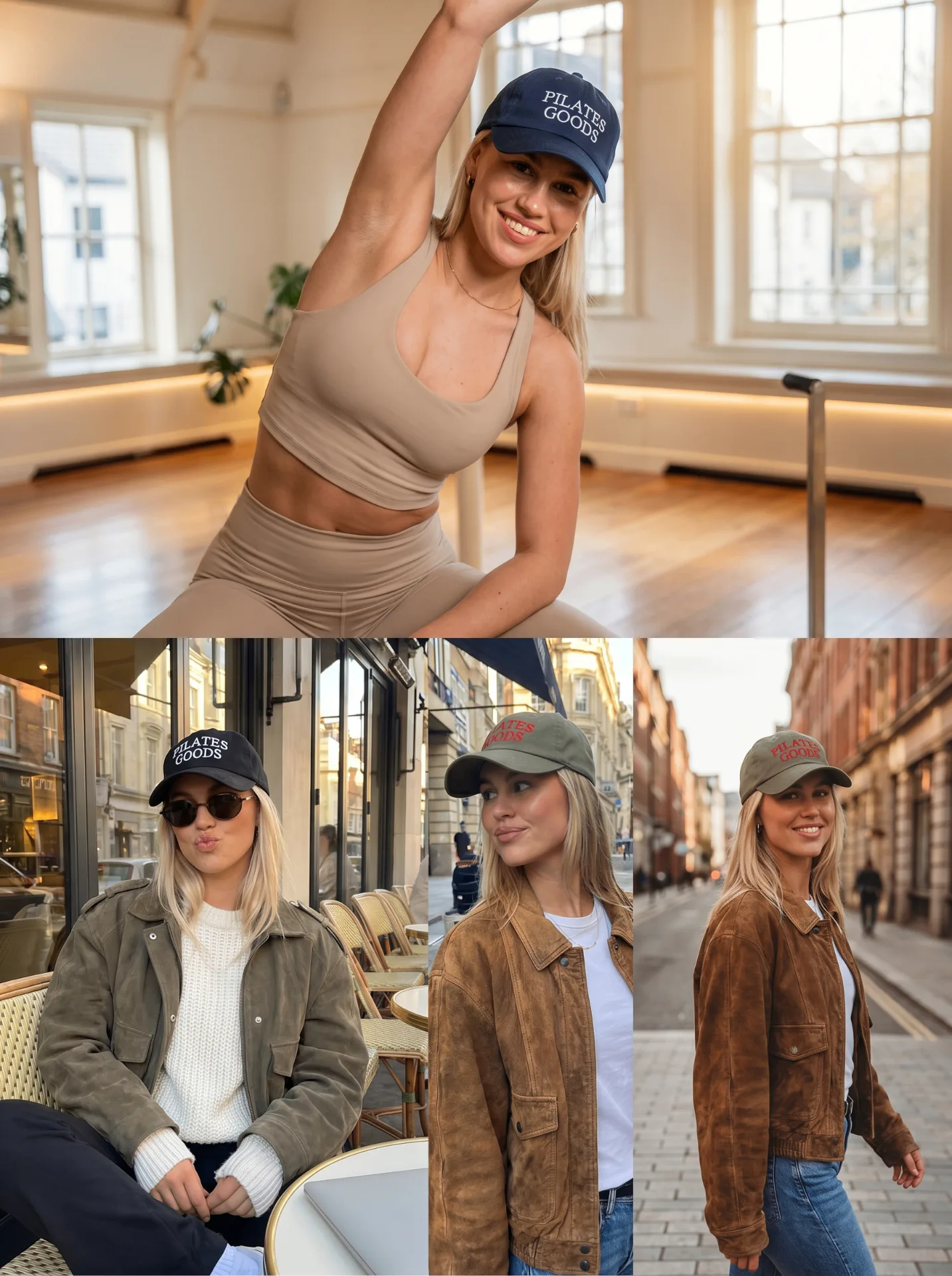 Lifestyle collage of women wearing Pilates Goods custom embroidered caps in navy, black and olive