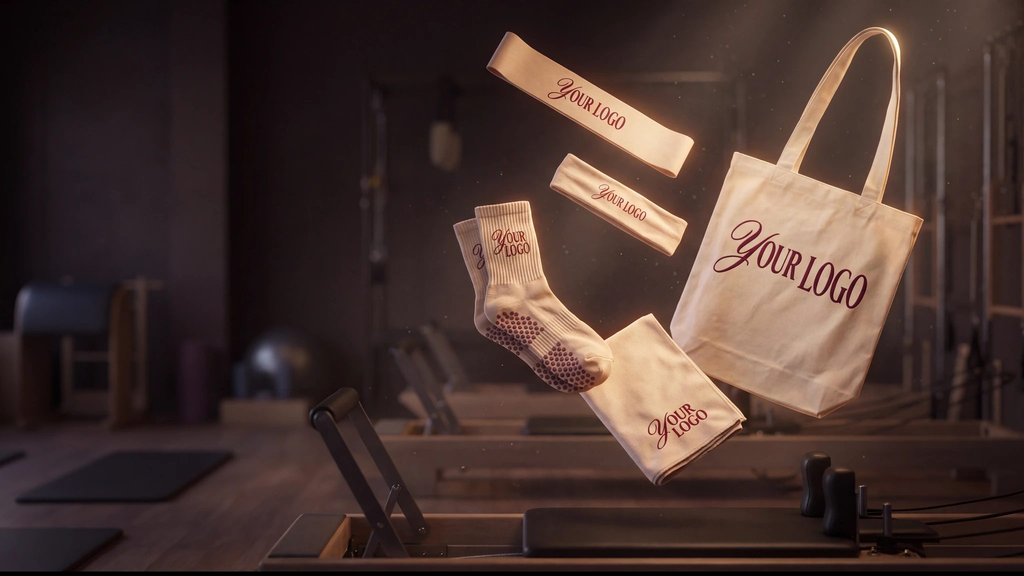 Studio owner at the front desk with a stack of branded grip socks and embroidery bags