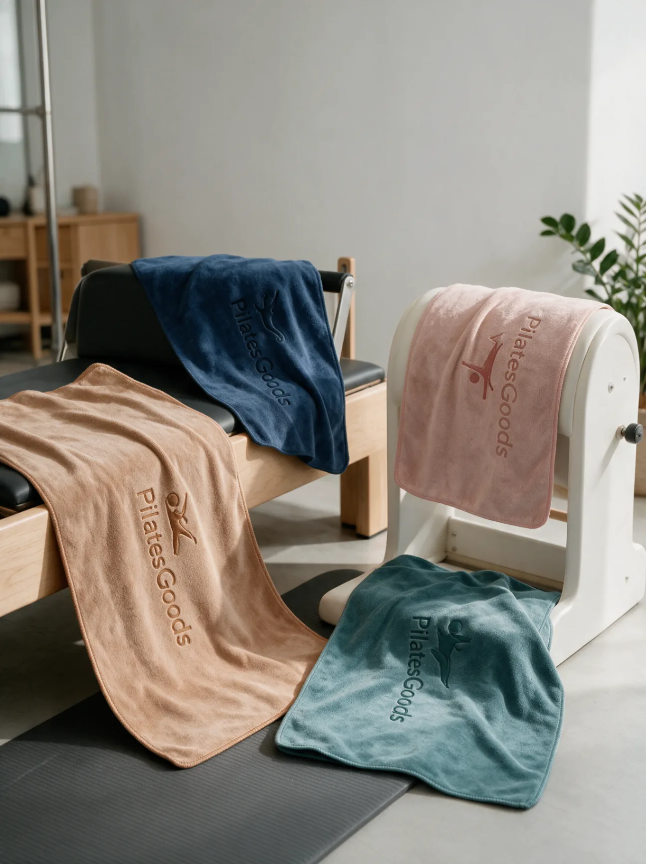 Lifestyle scene showing custom branded PilatesGoods microfiber towels in navy, beige, pink and sage draped over Pilates studio equipment