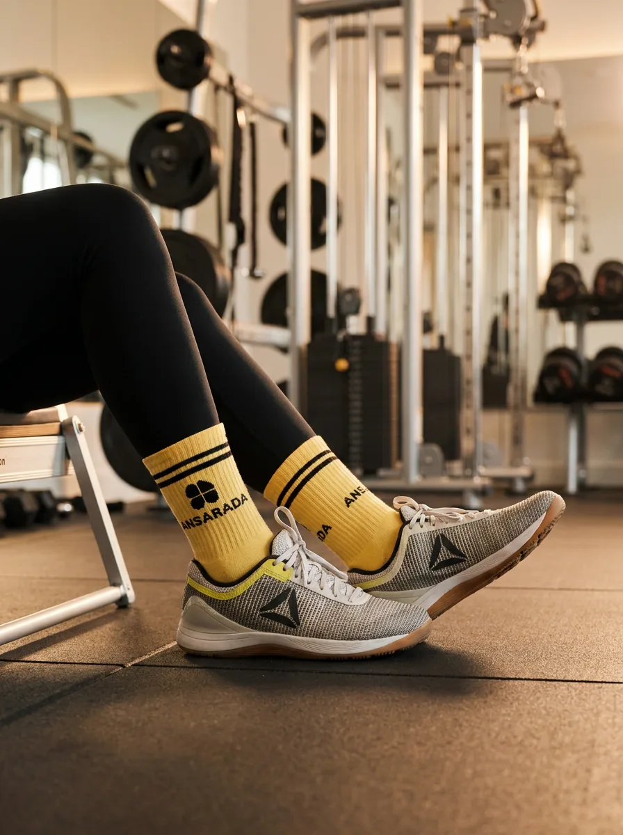 Yellow custom branded crew socks with black 'ANSARADA' logo and stripes worn with training shoes in a gym