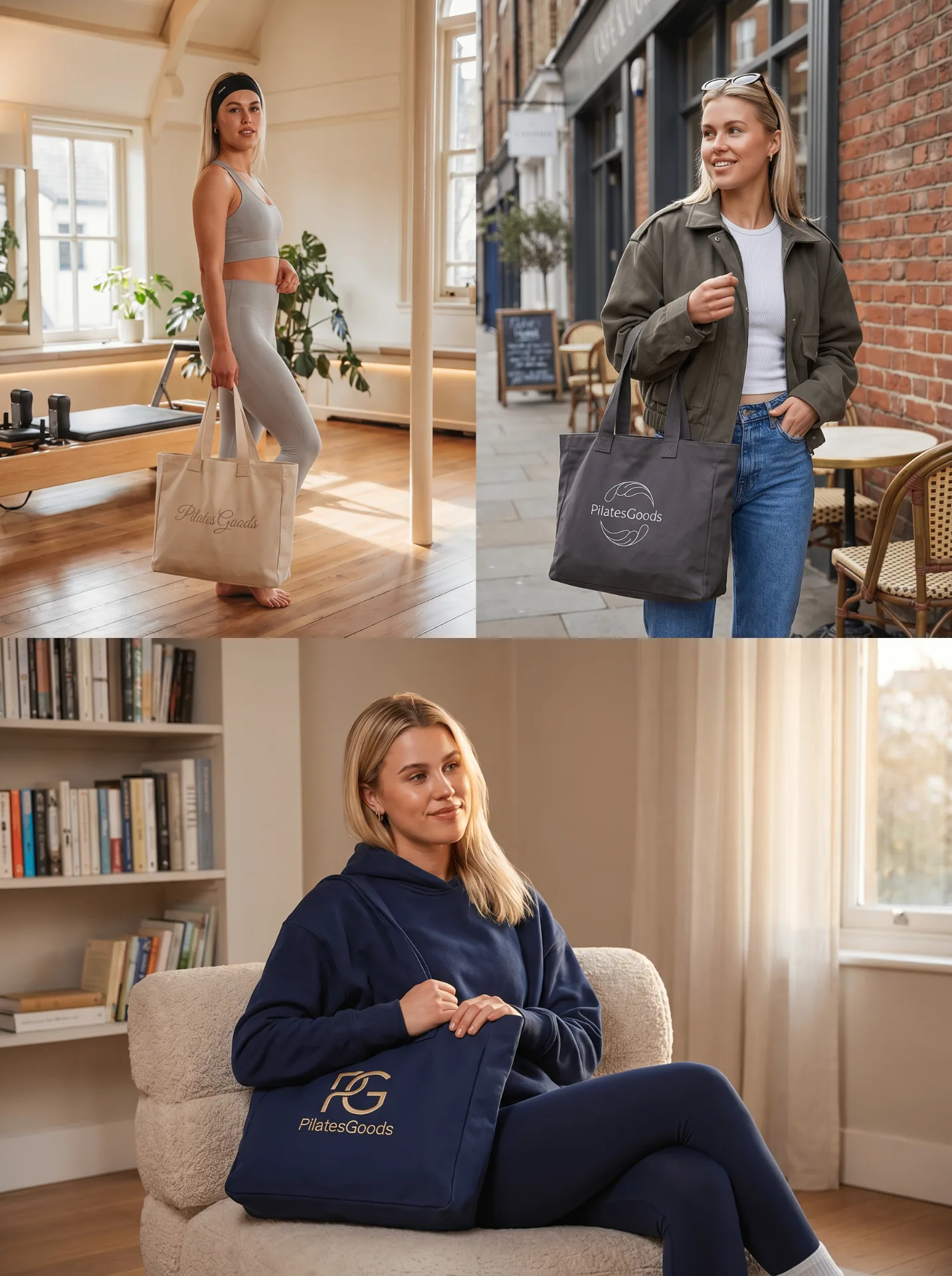 Studio members carrying custom branded Pilates tote bags in the studio, on the street and at home