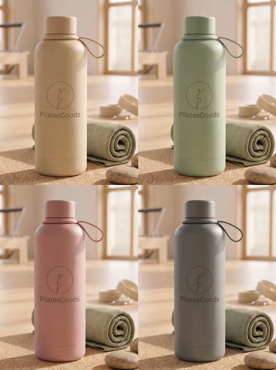 Four custom branded PilatesGoods water bottles in cream, sage green, soft pink and slate gray arranged in a bright Pilates studio