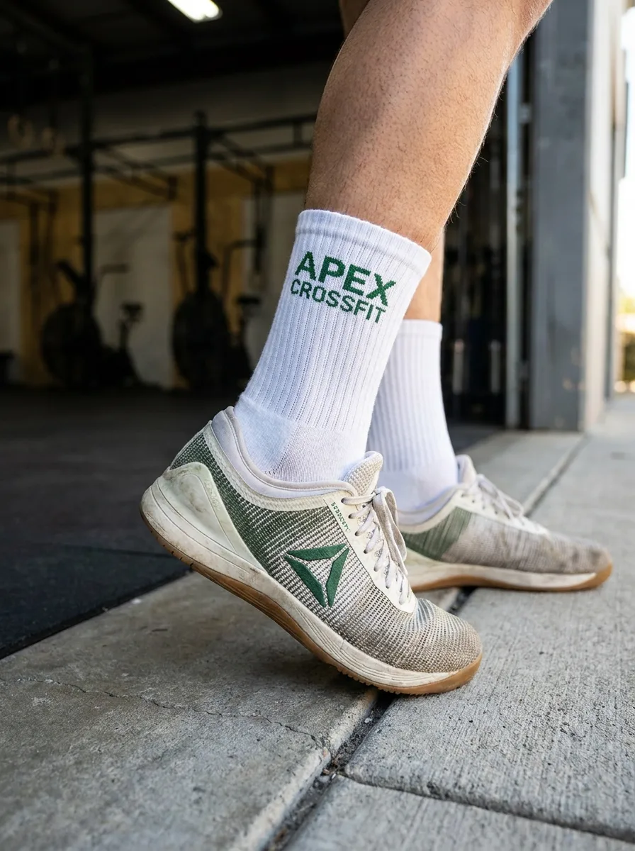 White custom branded crew socks with green 'APEX CROSSFIT' logo worn with training shoes in a gym setting