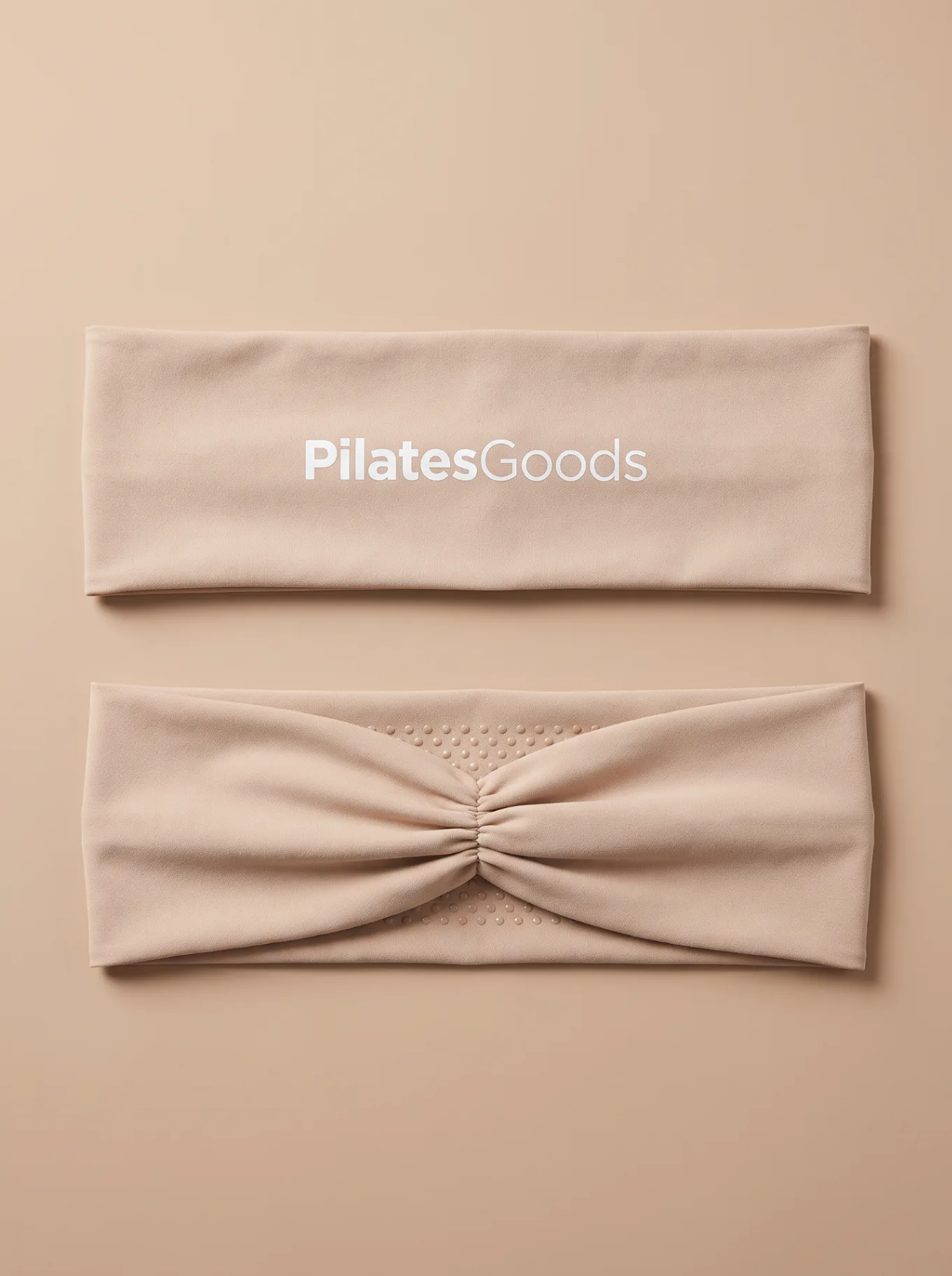 Custom branded Pilates studio headband in soft cream with pilatesgoods logo, available in 20 colors