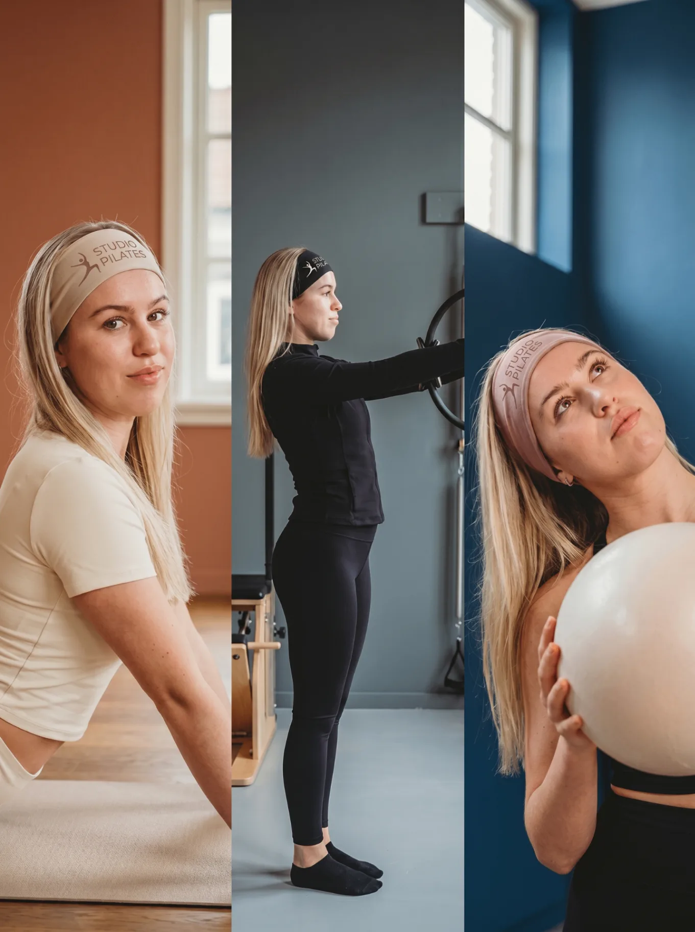 Three women wearing custom Studio Pilates headbands in cream, black and pink during a Pilates class