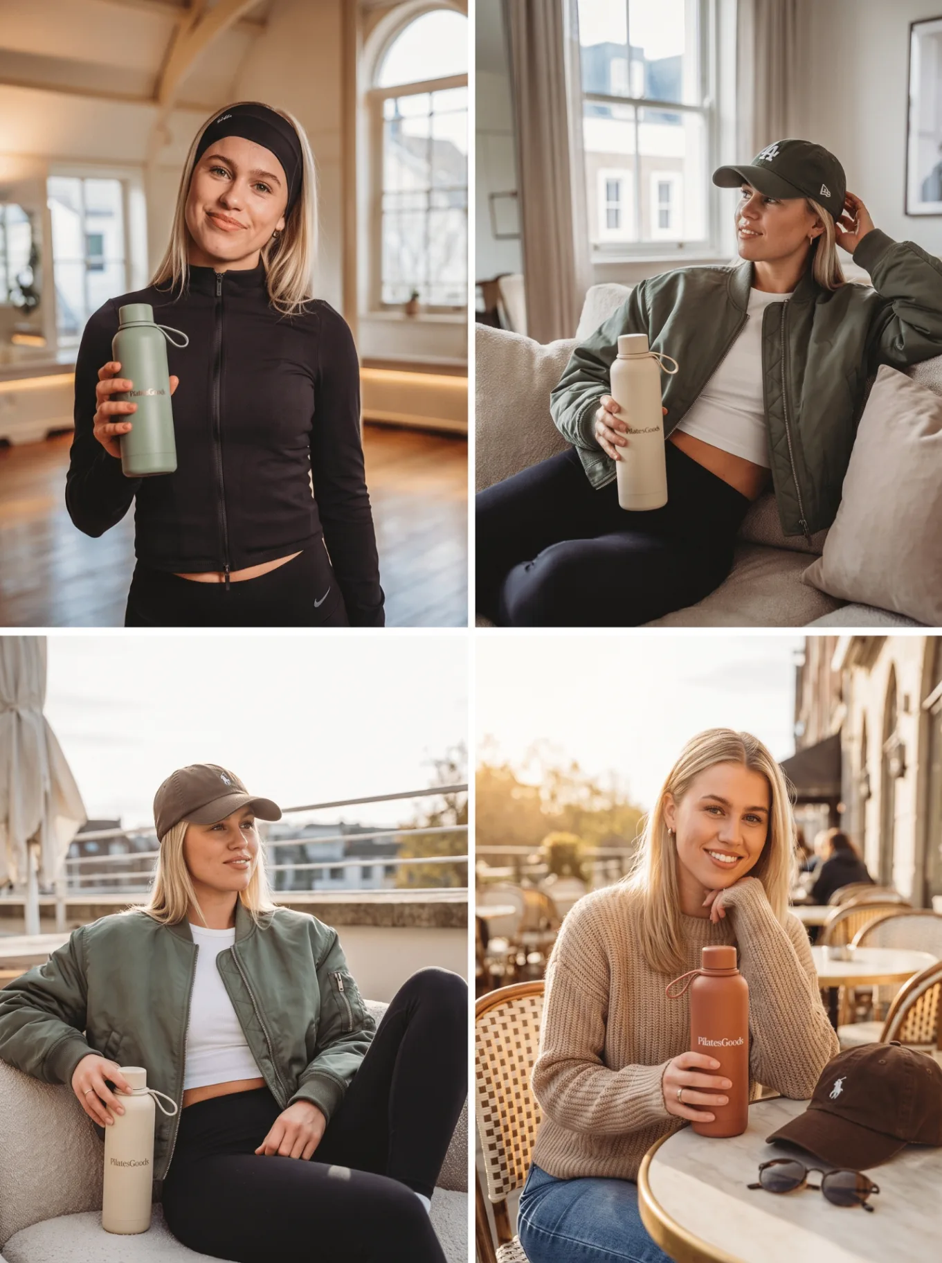 Lifestyle collage of women holding custom branded PilatesGoods water bottles in sage green, cream and terracotta at a Pilates studio and outdoor café
